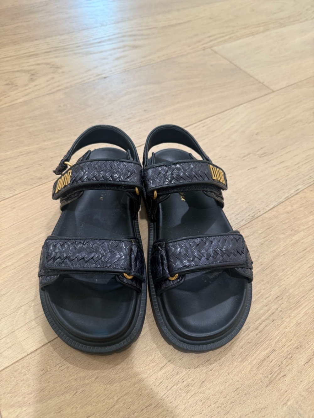 Dior Black Woven-Strap Sandals with Gold Logo